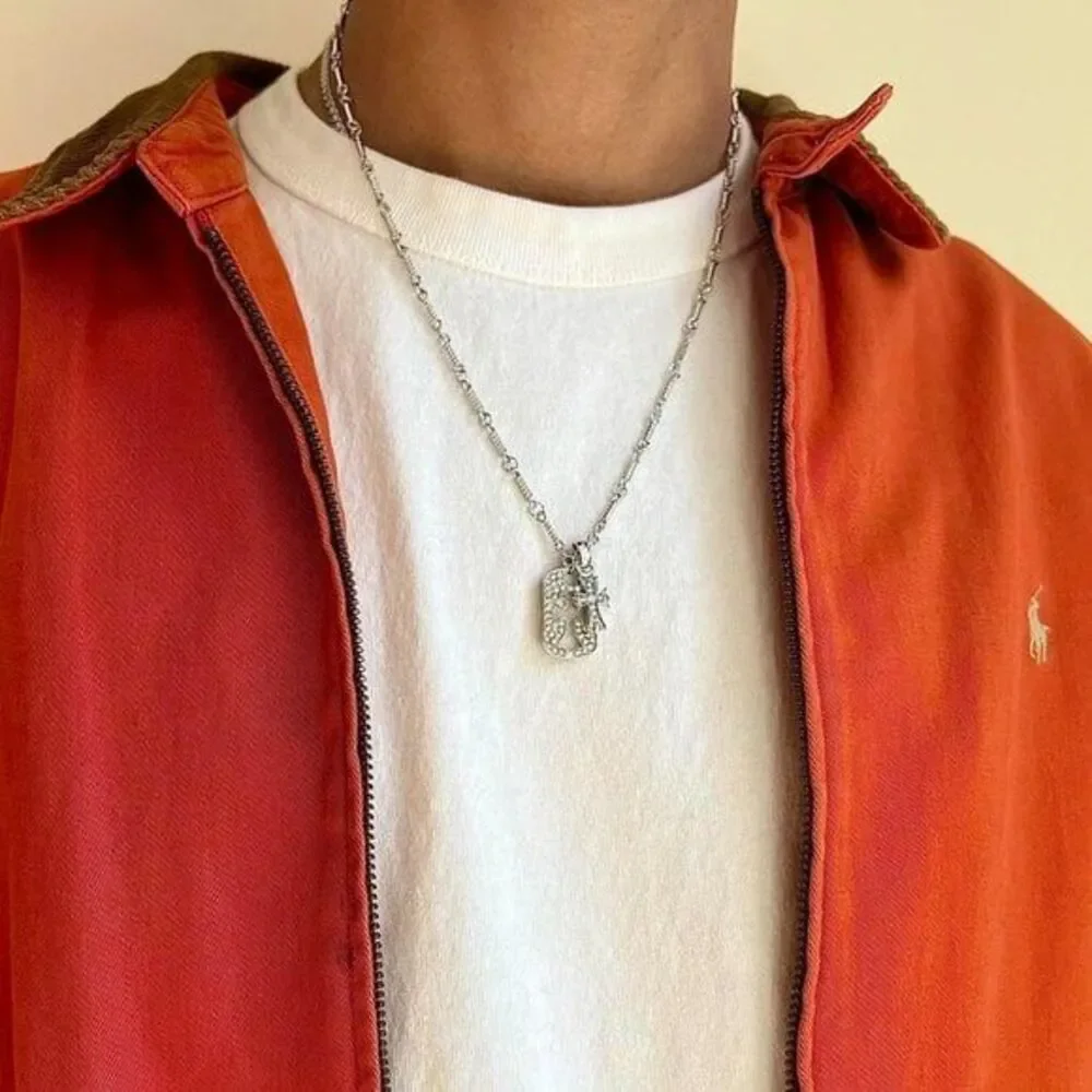 y2k grunge rhinestone silver cross dog tag style pendant necklace